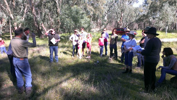 Group meeting during weed removal for Bush Regeneration at Spillway Reserve - Woolshed Thurgoona Landcare Group