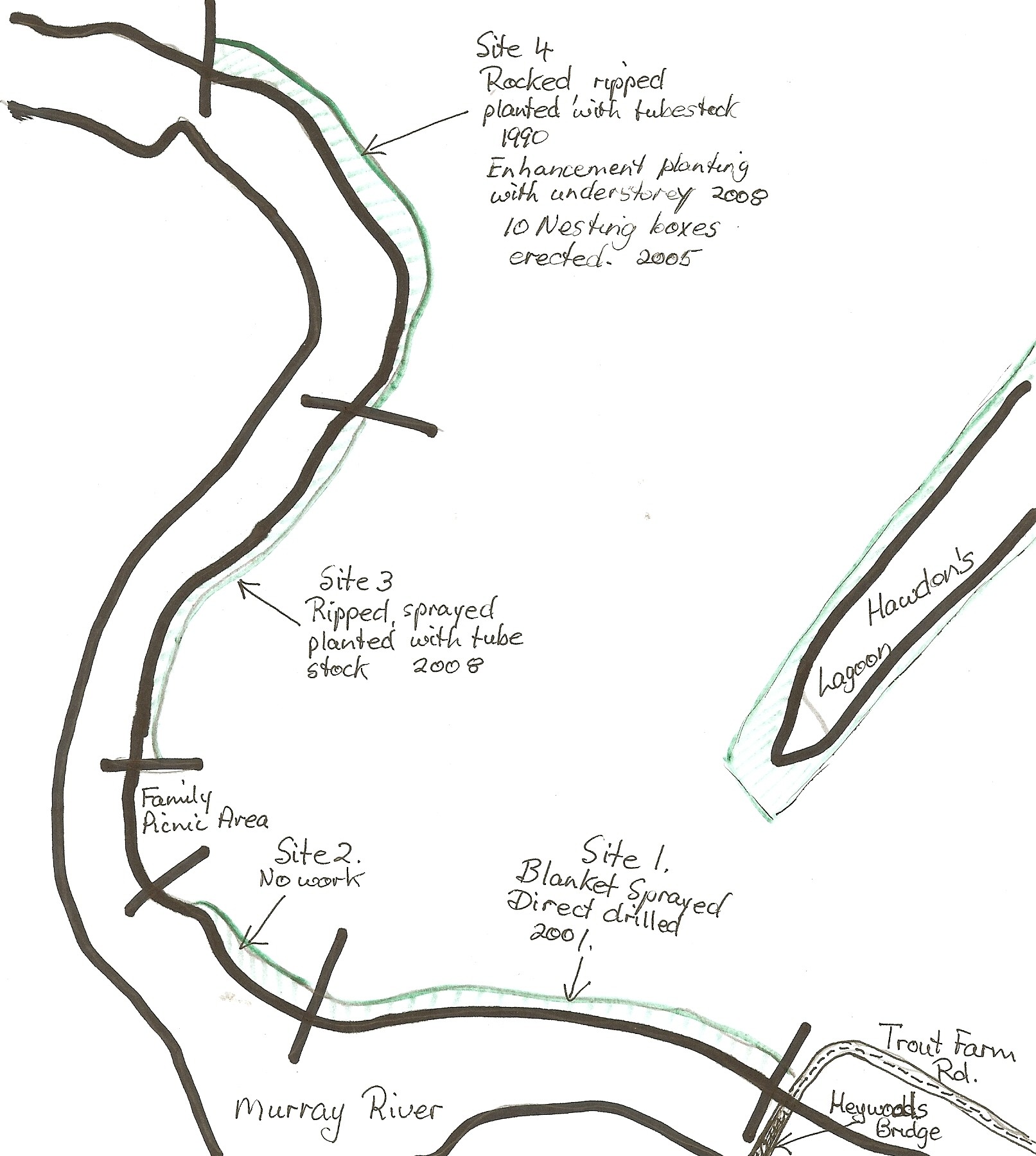Map of riverbank revegetation plantings at Hawksview, NSW - Woolshed Thurgoona Landcare Group